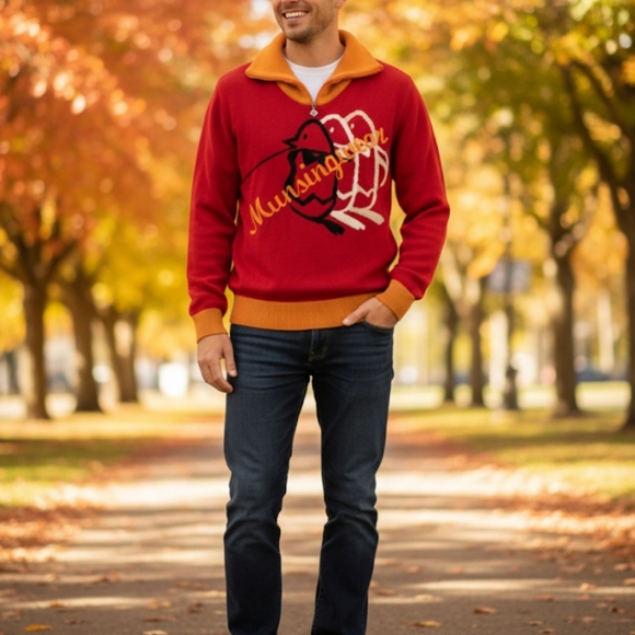 Vintage 90s Munsingwear Penguin Golf Sweater Men’s Red Mustard Made In Japan - Picture 2 of 12